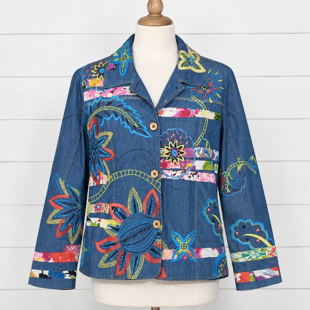 Vintage Norm Thompson Embroidered Patchwork Denim Jacket Blue Art to Wear Small